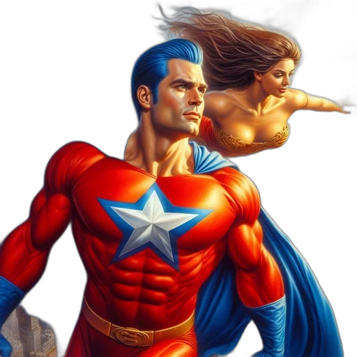comic book art, concept art, photorealistic, fantasy art, two, superheroes, fly, side-by-side transparent PNG cut-out
