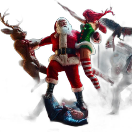 concept art, 3d render, fantasy art, festive, yet, violent, scene, santa transparent PNG cut-out