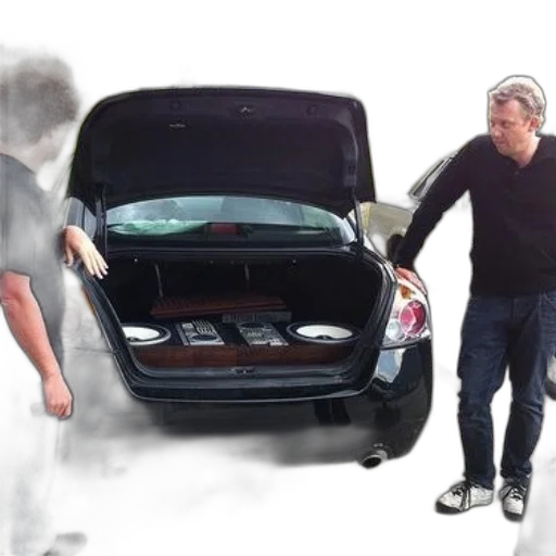 car, 3d render, concept art, fire, two, men, stand, next transparent PNG cut-out