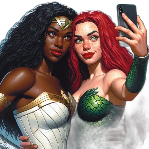 comic book art, fantasy art, concept art, cartoon, underwater, two, female, characters transparent PNG cut-out