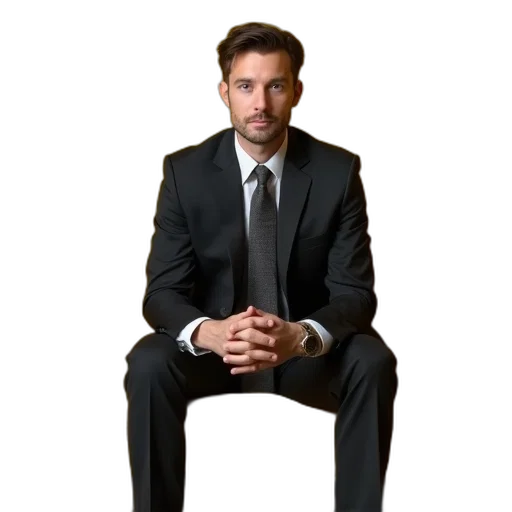 staff, furniture, jacket, face, photorealistic, man, suit, sitting transparent PNG cut-out