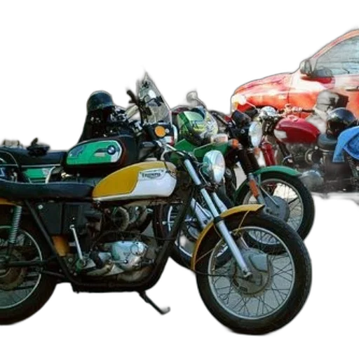 car, photorealistic, 3d render, concept art, row, motorcycles, including, triumph transparent PNG cut-out