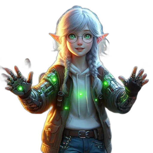 jacket, staff, robot, concept art, fantasy art, cyberpunk, pixel art, neon lights transparent PNG cut-out