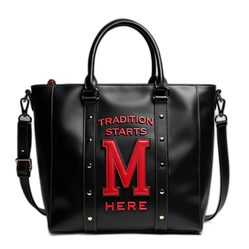 black, leather, bag, words, tradition, starts, here, red transparent PNG cut-out
