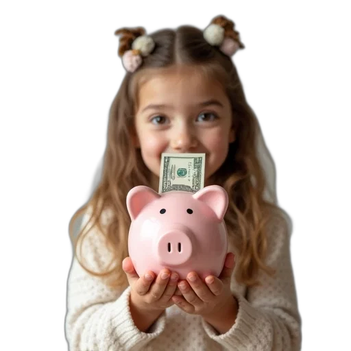 3d render, young, girl, holding, piggy, bank, money, inside transparent PNG cut-out