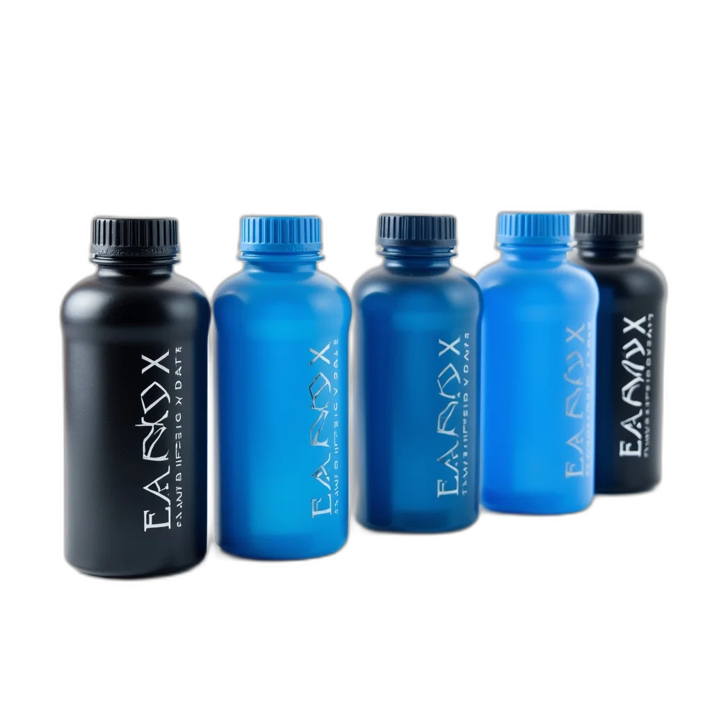 bottle, row, six, identical, blue, black, water, bottles transparent PNG cut-out