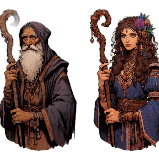staff, fantasy art, concept art, pixel art, comic book art, two, characters, stand transparent PNG cut-out