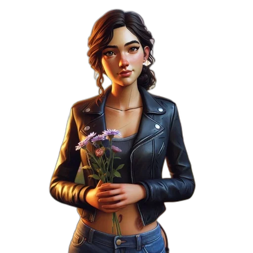 jacket, flower, face, weapon, concept art, fantasy art, pixel art, photorealistic transparent PNG cut-out