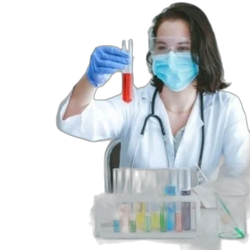 staff, scientist, lab, coat, mask, holds, test, tube transparent PNG cut-out