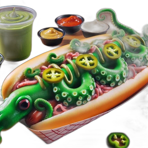 food, concept art, photorealistic, 3d render, green, octopus-shaped, hot, dog transparent PNG cut-out