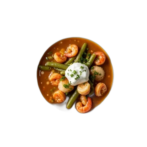 food, bowl, seafood, gumbo, shrimp, scallops, green, beans transparent PNG cut-out
