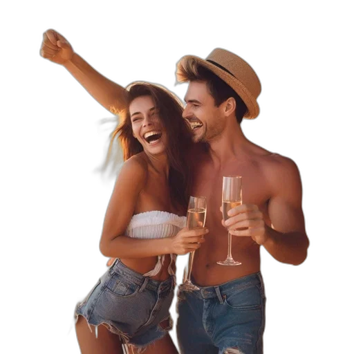 hat, photorealistic, beach, joyful, man, woman, celebrate, sandy transparent PNG cut-out