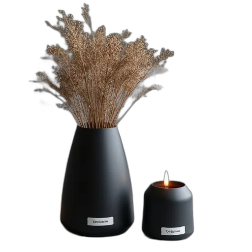 hair, 3d render, photorealistic, black, vase, dried, flowers, sits transparent PNG cut-out