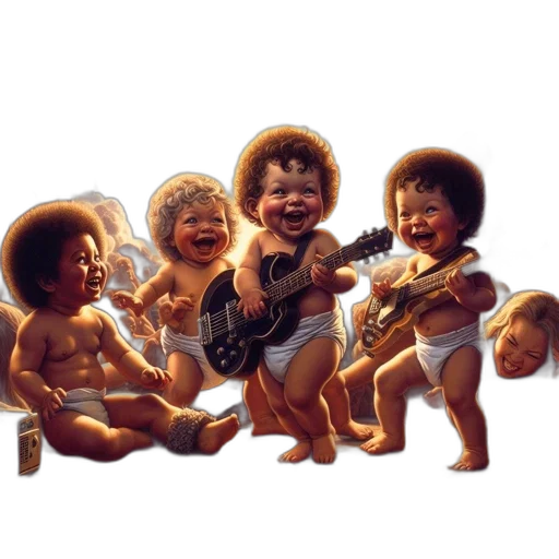 photorealistic, group, babies, playfully, interact, musical, equipment, including transparent PNG cut-out
