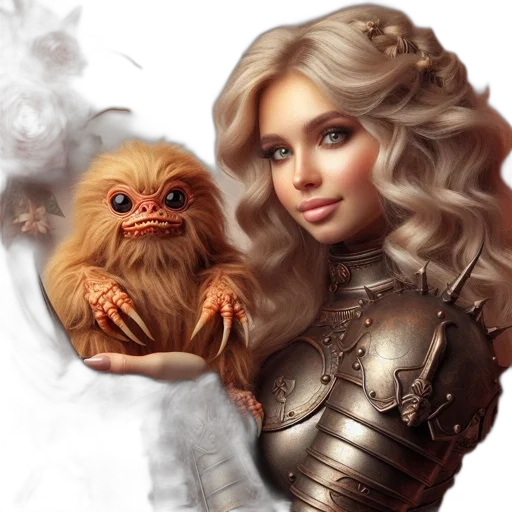fantasy art, concept art, photorealistic, 3d render, woman, silver, armor, holds transparent PNG cut-out