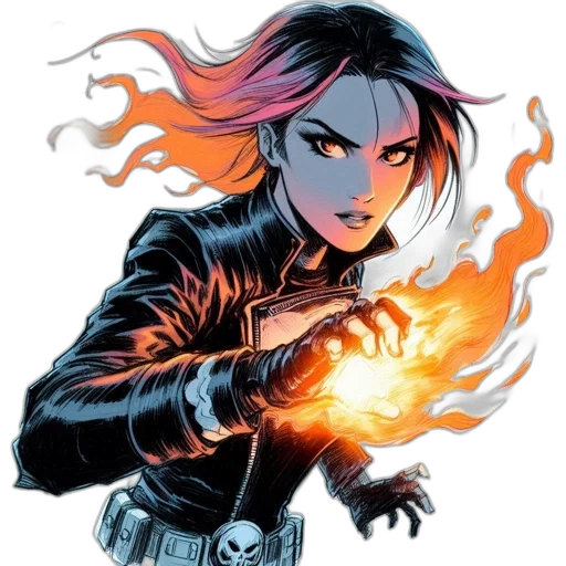 jacket, comic book art, concept art, fantasy art, fire, female, character, red transparent PNG cut-out