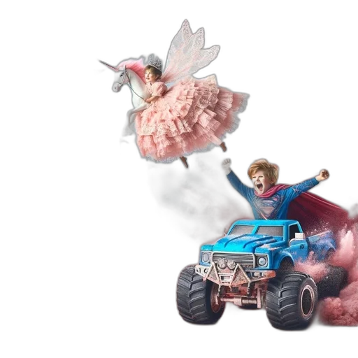 car, concept art, 3d render, pink-dressed, girl, unicorn, flies, past transparent PNG cut-out