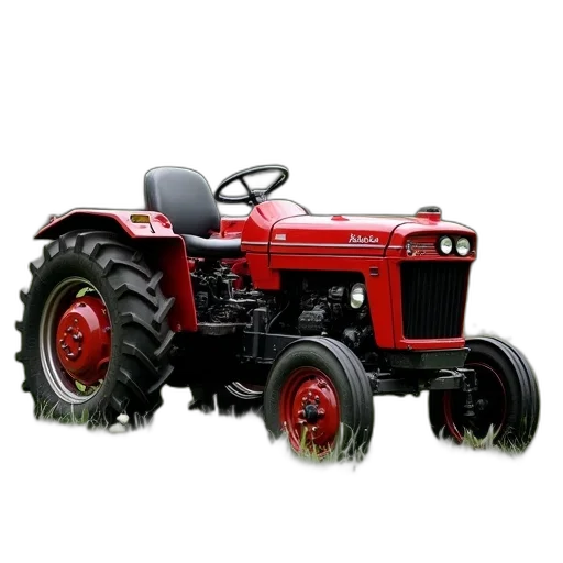 car, red, tractor, parked, grassy, field, trees, background transparent PNG cut-out