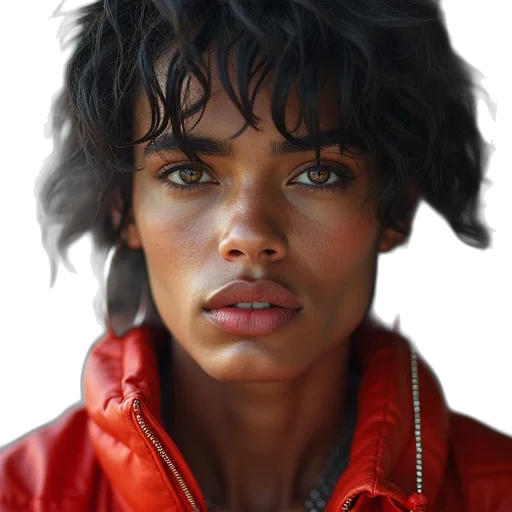 face, jacket, jewelry, hair, photorealistic, earth tones, red, pharrells transparent PNG cut-out