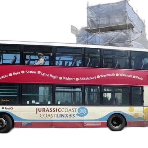 double-decker, bus, jurassic, coast, logo, route, information, side transparent PNG cut-out