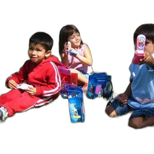 3d render, photorealistic, three, children, sit, grass, toys, their transparent PNG cut-out