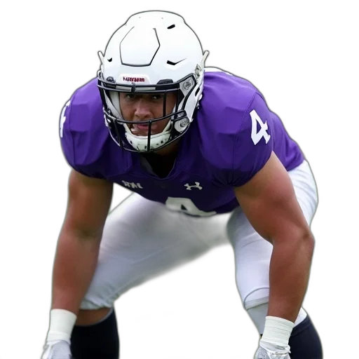 football, player, purple, white, uniform, number, front, crouched transparent PNG cut-out