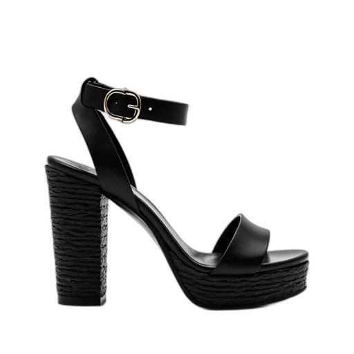 shoes, black, leather, sandal, woven, heel, strap, silver transparent PNG cut-out