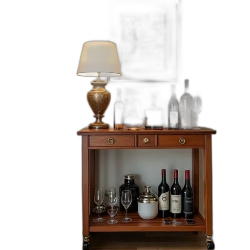 furniture, bottle, 3d render, photorealistic, wooden, bar, cart, variety transparent PNG cut-out