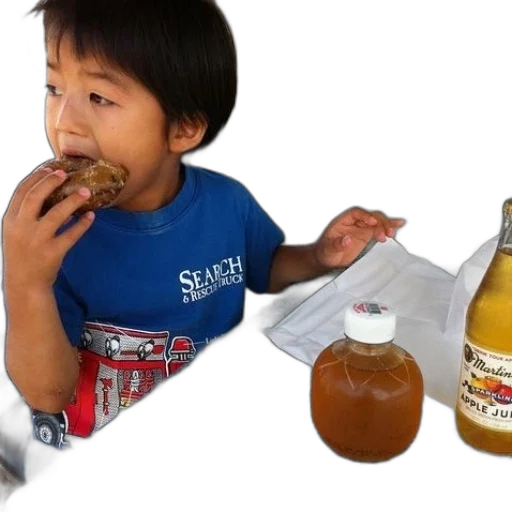 food, bottle, young, boy, blue, shirt, eats, doughnut transparent PNG cut-out