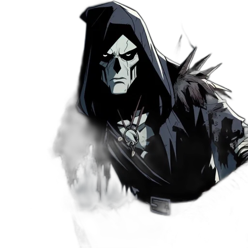 mask, face, staff, jacket, concept art, comic book art, fantasy art, pixel art transparent PNG cut-out