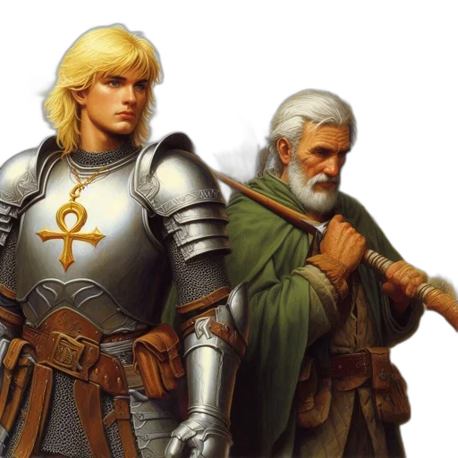 sword, fantasy art, concept art, comic book art, golden, two, men, stand transparent PNG cut-out