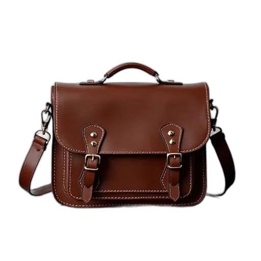 brown, leather, satchel, silver, buckles, rivets, displayed, black transparent PNG cut-out