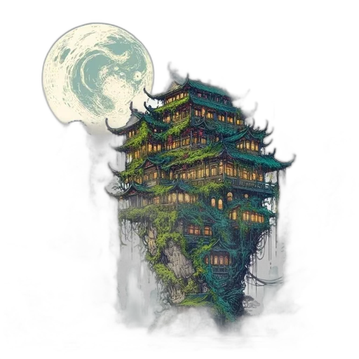 building, dragon, concept art, fantasy art, watercolor, pixel art, fog, night transparent PNG cut-out