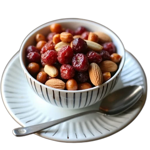 food, crown, 3d render, photorealistic, bowl, filled, mixture, nuts transparent PNG cut-out