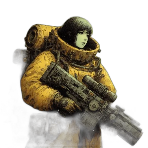 robot, weapon, face, jacket, concept art, comic book art, fantasy art, pixel art transparent PNG cut-out