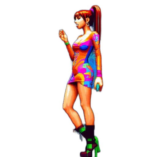 dress, shoes, staff, weapon, vaporwave, pixel art, concept art, 3d render transparent PNG cut-out
