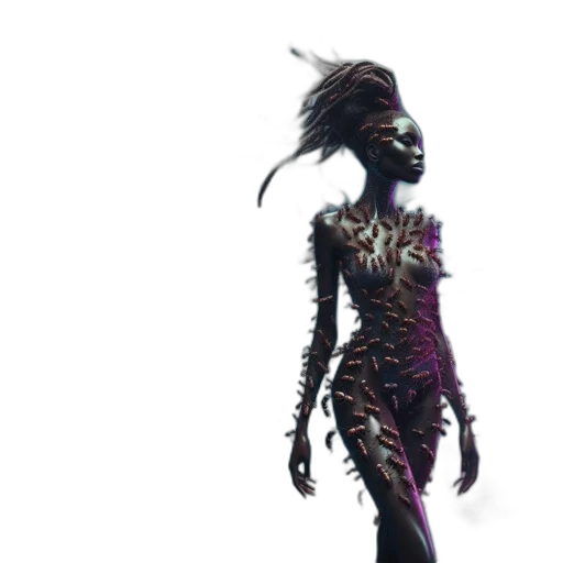 creature, dress, hair, robot, concept art, 3d render, fantasy art, cyberpunk transparent PNG cut-out