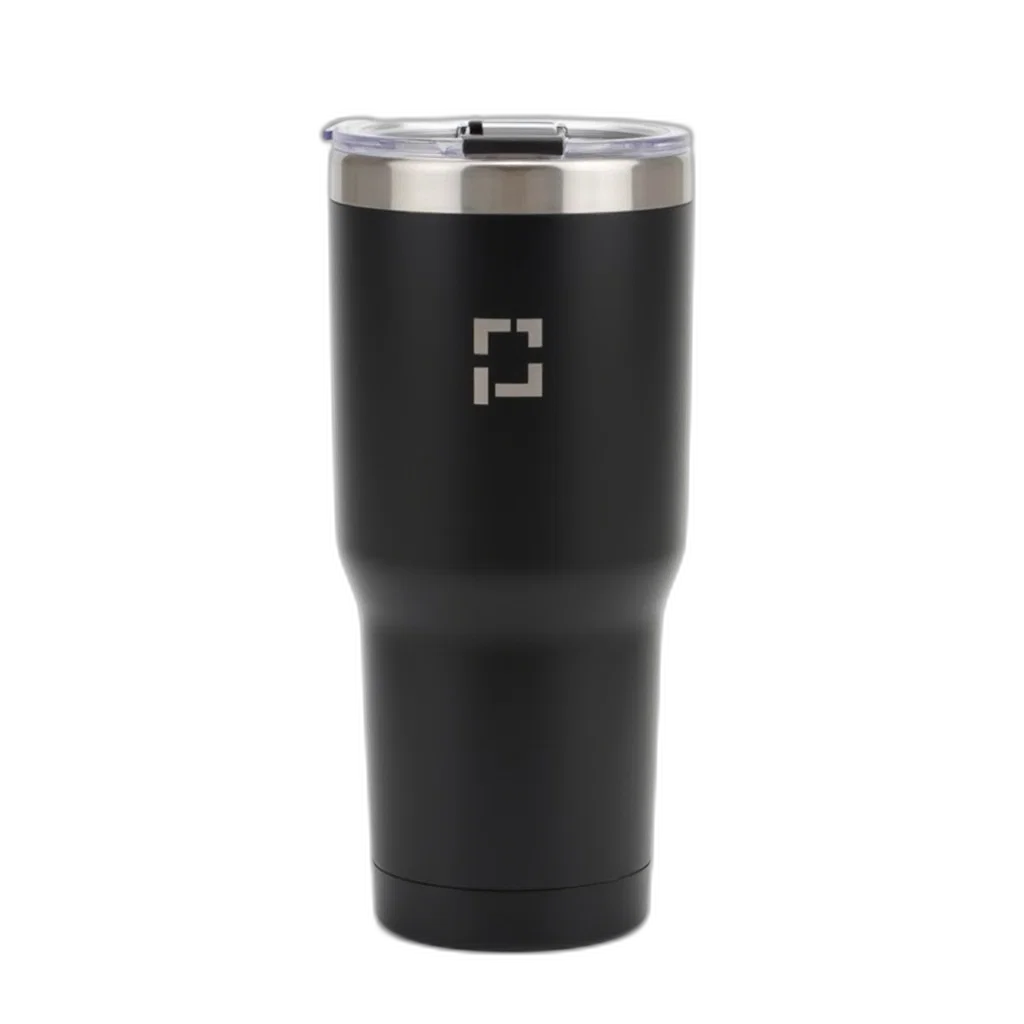 3d render, black, silver, travel, mug, lid, logo, side transparent PNG cut-out