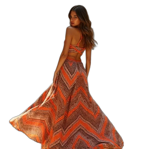 dress, earth tones, golden, zigzag, orange, brown, print, maxi transparent PNG cut-out