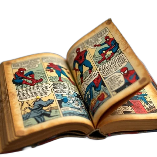 comic book art, open, comic, book, yellowed, aged, appearance, featuring transparent PNG cut-out