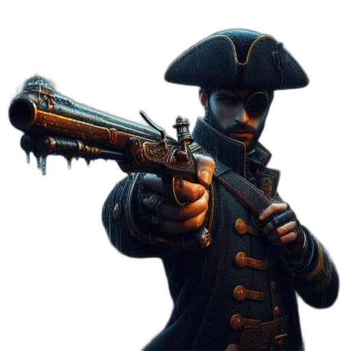 weapon, staff, jacket, hat, concept art, fantasy art, 3d render, photorealistic transparent PNG cut-out