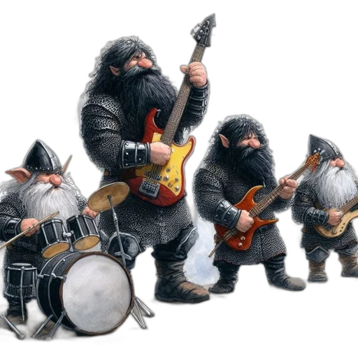 concept art, fantasy art, 3d render, photorealistic, four, dwarven, musicians, play transparent PNG cut-out