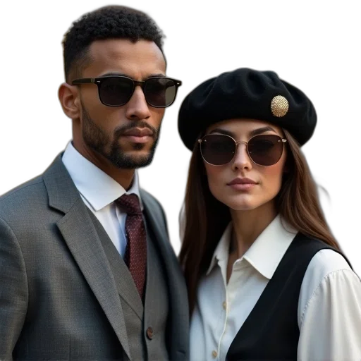 hat, jacket, city street, man, woman, standing, next, each transparent PNG cut-out