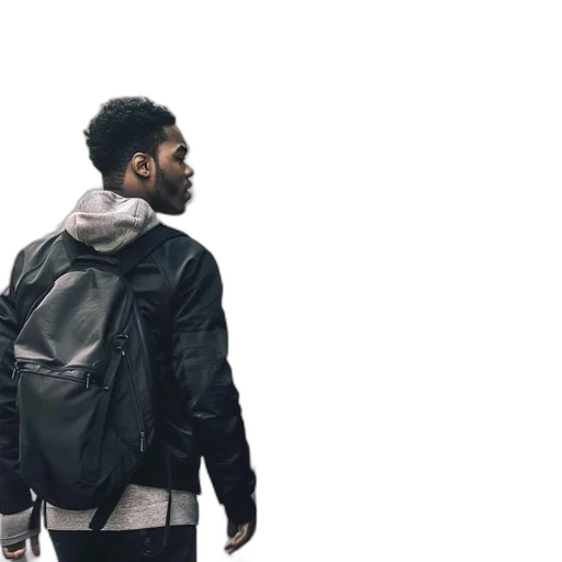 jacket, concept art, young, man, wearing, black, backpack, walks transparent PNG cut-out