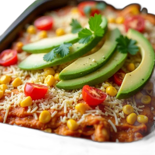 food, photorealistic, 3d render, casserole, dish, filled, layered, green transparent PNG cut-out