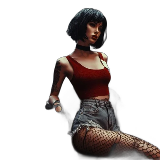 dress, concept art, pixel art, cyberpunk, comic book art, woman, tattoos, stands transparent PNG cut-out