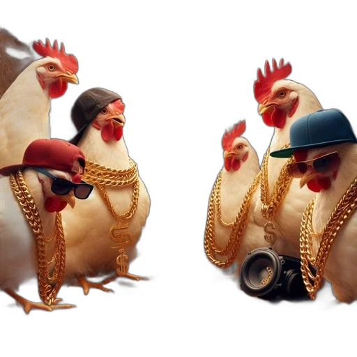 jewelry, 3d render, concept art, photorealistic, chickens, wearing, hip-hop, attire transparent PNG cut-out