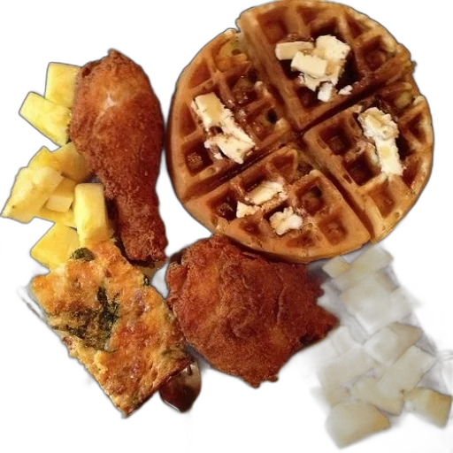 food, photorealistic, plate, waffles, fried, chicken, pineapple, chunks transparent PNG cut-out