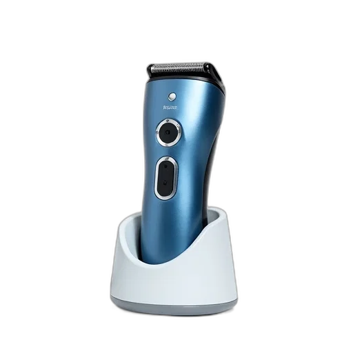 robot, staff, 3d render, blue, black, electric, shaver, white transparent PNG cut-out