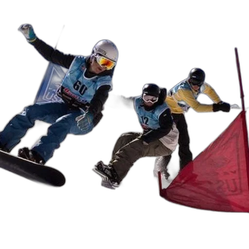 three, snowboarders, racing, down, slope, one, wearing, blue transparent PNG cut-out